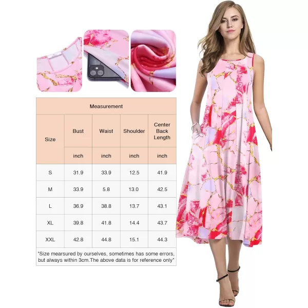 HOTOUCH Summer Casual Dresses for Women Sleeveless Midi Dress Swing Tank Sundress Pleated Tshirt Dress with PocketsPink Stitching Print