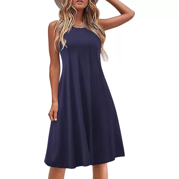 HOTOUCH Summer Casual Dresses for Women Sleeveless Midi Dress Swing Tank Sundress Pleated Tshirt Dress with PocketsSolid Navy