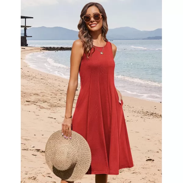 HOTOUCH Summer Casual Dresses for Women Sleeveless Midi Dress Swing Tank Sundress Pleated Tshirt Dress with PocketsSolid Red