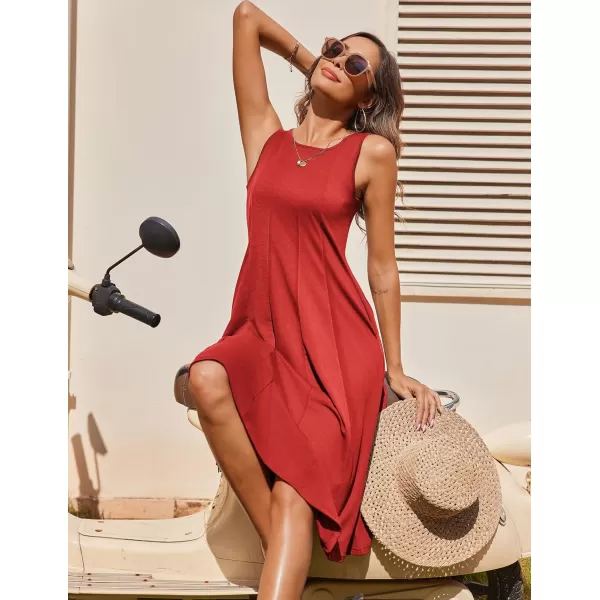 HOTOUCH Summer Casual Dresses for Women Sleeveless Midi Dress Swing Tank Sundress Pleated Tshirt Dress with PocketsSolid Red