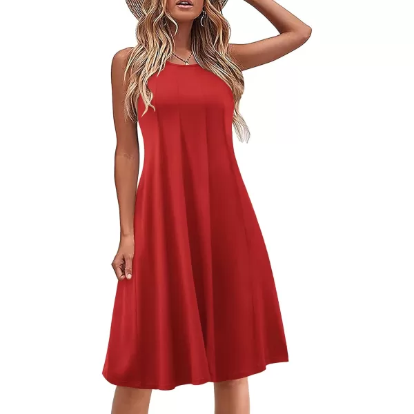 HOTOUCH Summer Casual Dresses for Women Sleeveless Midi Dress Swing Tank Sundress Pleated Tshirt Dress with PocketsSolid Red