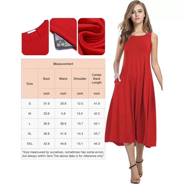 HOTOUCH Summer Casual Dresses for Women Sleeveless Midi Dress Swing Tank Sundress Pleated Tshirt Dress with PocketsSolid Red