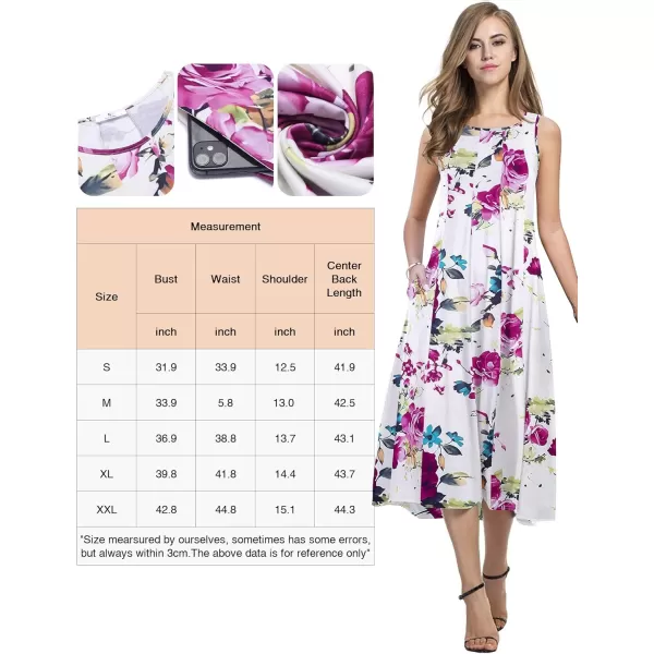 HOTOUCH Summer Casual Dresses for Women Sleeveless Midi Dress Swing Tank Sundress Pleated Tshirt Dress with PocketsWhite Floral