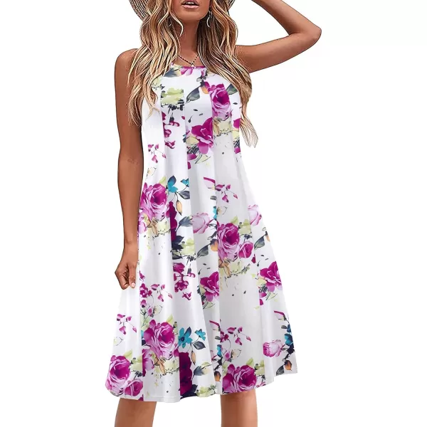 HOTOUCH Summer Casual Dresses for Women Sleeveless Midi Dress Swing Tank Sundress Pleated Tshirt Dress with PocketsWhite Floral