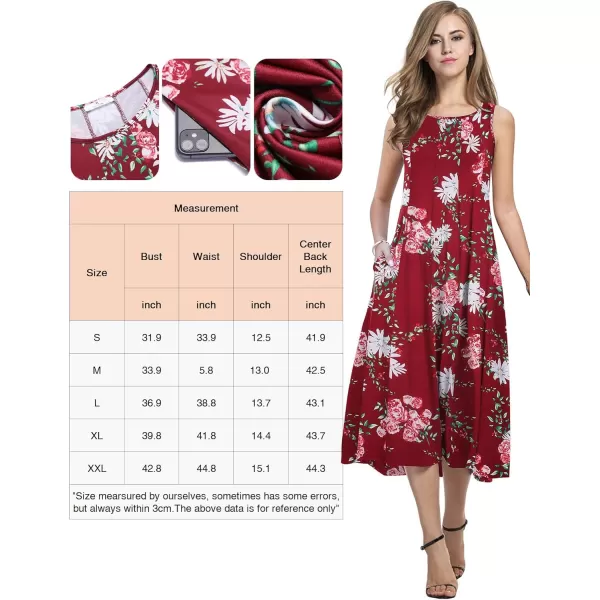 HOTOUCH Summer Casual Dresses for Women Sleeveless Midi Dress Swing Tank Sundress Pleated Tshirt Dress with PocketsWine Red Floral