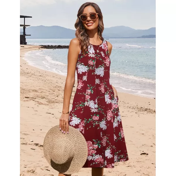 HOTOUCH Summer Casual Dresses for Women Sleeveless Midi Dress Swing Tank Sundress Pleated Tshirt Dress with PocketsWine Red Floral