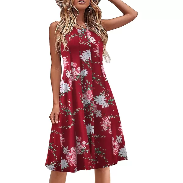 HOTOUCH Summer Casual Dresses for Women Sleeveless Midi Dress Swing Tank Sundress Pleated Tshirt Dress with PocketsWine Red Floral