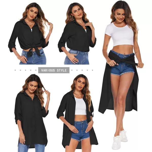 HOTOUCH Women Boyfriend Shirts Button Down Long Sleeve Blouse Cuffed Sleeve Collared ShirtBlack