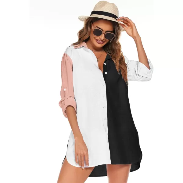 HOTOUCH Women Boyfriend Shirts Button Down Long Sleeve Blouse Cuffed Sleeve Collared ShirtBlack Colorblock