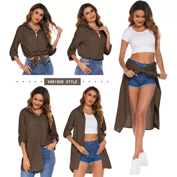 HOTOUCH Women Boyfriend Shirts Button Down Long Sleeve Blouse Cuffed Sleeve Collared ShirtBrown