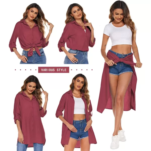 HOTOUCH Women Boyfriend Shirts Button Down Long Sleeve Blouse Cuffed Sleeve Collared ShirtBurgundy