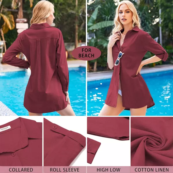 HOTOUCH Women Boyfriend Shirts Button Down Long Sleeve Blouse Cuffed Sleeve Collared ShirtBurgundy