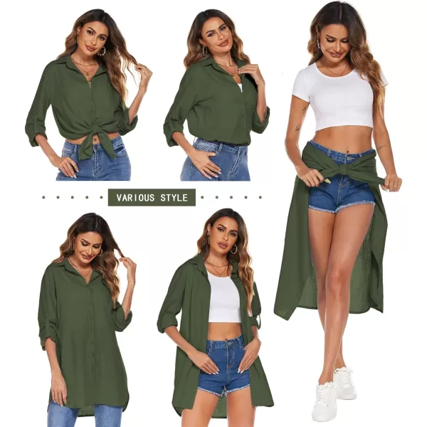 HOTOUCH Women Boyfriend Shirts Button Down Long Sleeve Blouse Cuffed Sleeve Collared ShirtDeep Green