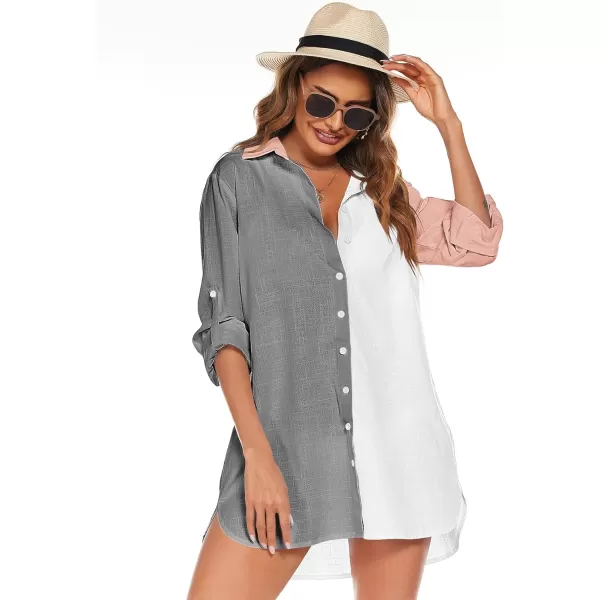 HOTOUCH Women Boyfriend Shirts Button Down Long Sleeve Blouse Cuffed Sleeve Collared ShirtGrey Colorblock