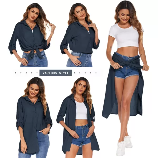 HOTOUCH Women Boyfriend Shirts Button Down Long Sleeve Blouse Cuffed Sleeve Collared ShirtNavy Blue