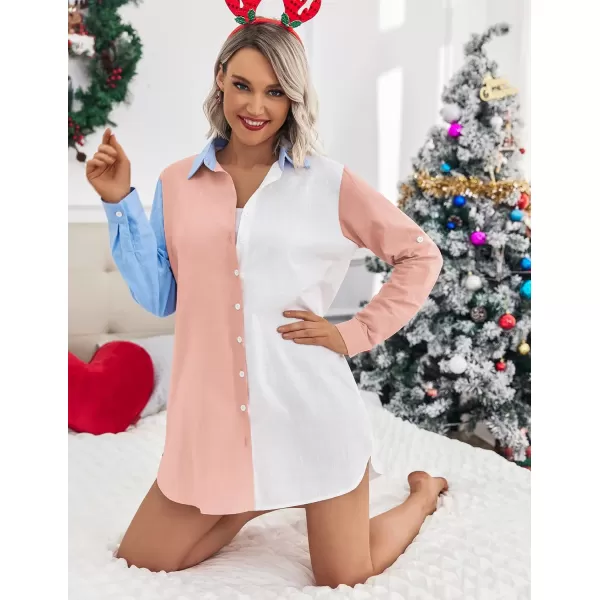 HOTOUCH Women Boyfriend Shirts Button Down Long Sleeve Blouse Cuffed Sleeve Collared ShirtPink Colorblock