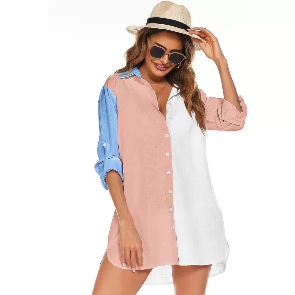 HOTOUCH Women Boyfriend Shirts Button Down Long Sleeve Blouse Cuffed Sleeve Collared ShirtPink Colorblock