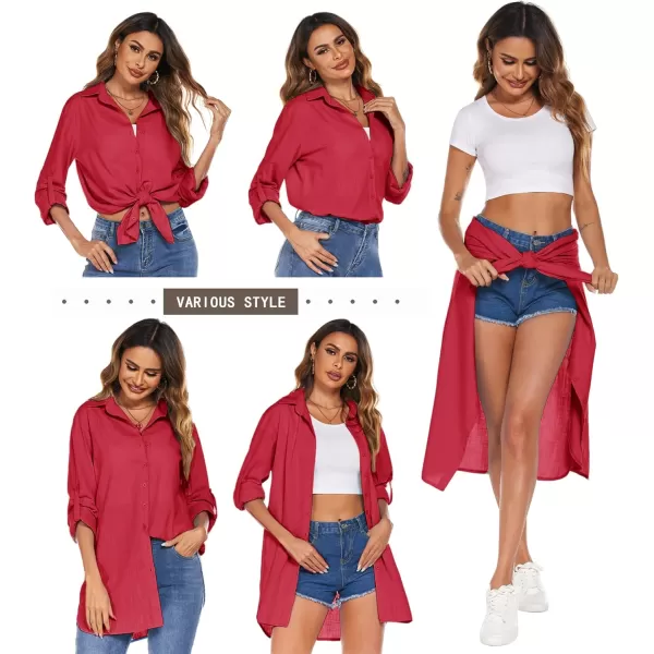 HOTOUCH Women Boyfriend Shirts Button Down Long Sleeve Blouse Cuffed Sleeve Collared ShirtRed