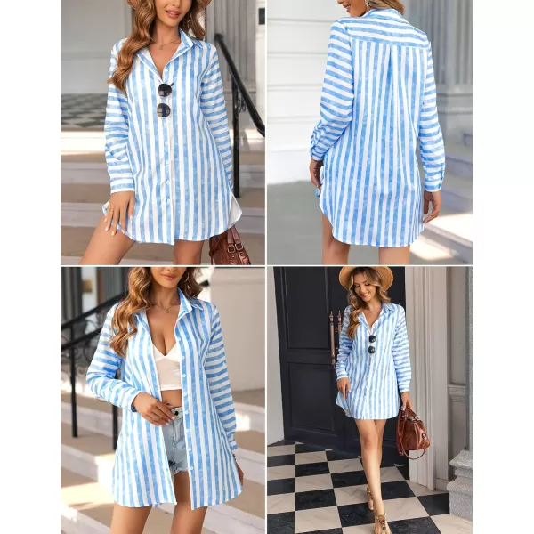 HOTOUCH Women Boyfriend Shirts Button Down Long Sleeve Blouse Cuffed Sleeve Collared ShirtWide Striped Blue