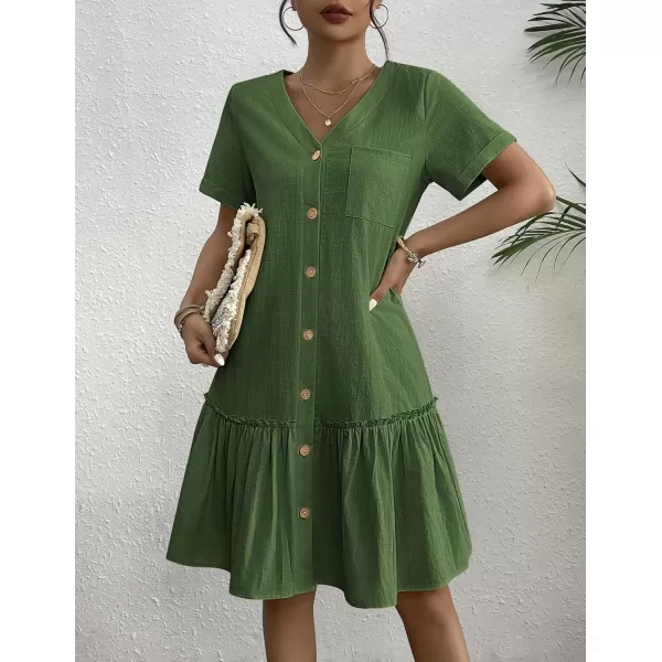 HOTOUCH Women Button Down Dress Loose Summer Cotton Linen Dress Ruffle Hem Casual Dress Short Sleeve Tunic DressAmry Green