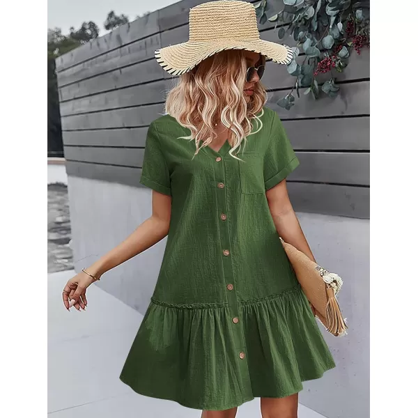 HOTOUCH Women Button Down Dress Loose Summer Cotton Linen Dress Ruffle Hem Casual Dress Short Sleeve Tunic DressAmry Green