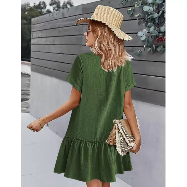 HOTOUCH Women Button Down Dress Loose Summer Cotton Linen Dress Ruffle Hem Casual Dress Short Sleeve Tunic DressAmry Green