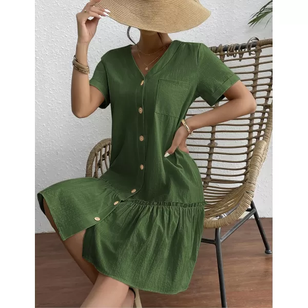 HOTOUCH Women Button Down Dress Loose Summer Cotton Linen Dress Ruffle Hem Casual Dress Short Sleeve Tunic DressAmry Green