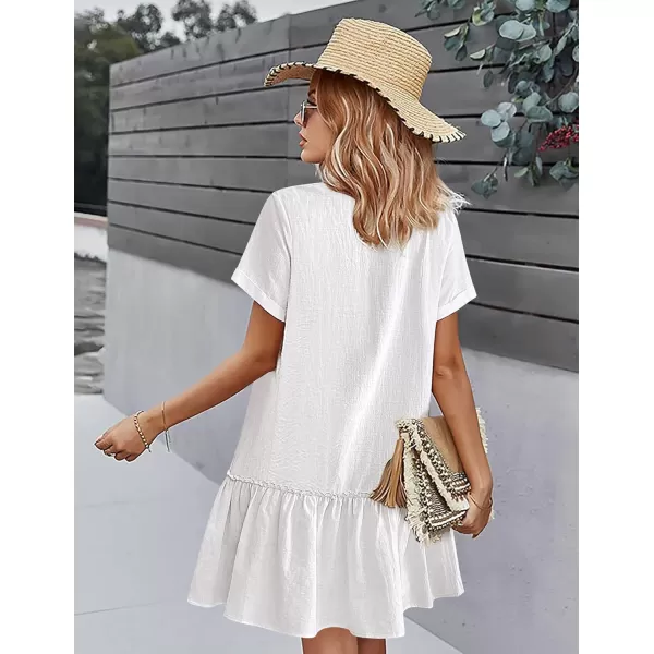 HOTOUCH Women Button Down Dress Loose Summer Cotton Linen Dress Ruffle Hem Casual Dress Short Sleeve Tunic DressAwhite