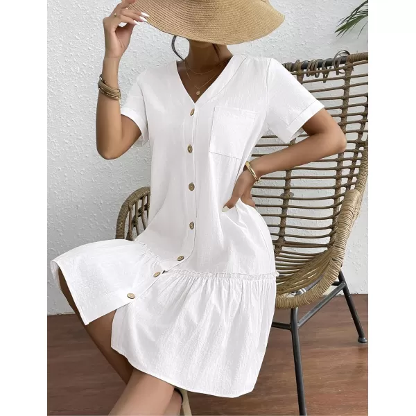 HOTOUCH Women Button Down Dress Loose Summer Cotton Linen Dress Ruffle Hem Casual Dress Short Sleeve Tunic DressAwhite