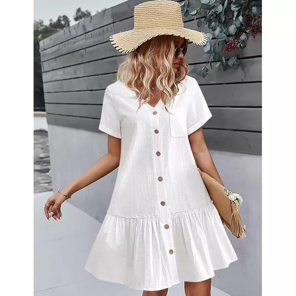 HOTOUCH Women Button Down Dress Loose Summer Cotton Linen Dress Ruffle Hem Casual Dress Short Sleeve Tunic DressAwhite