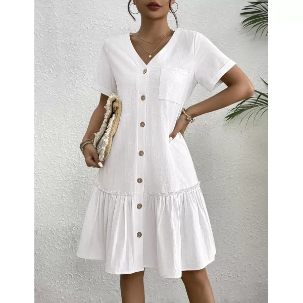 HOTOUCH Women Button Down Dress Loose Summer Cotton Linen Dress Ruffle Hem Casual Dress Short Sleeve Tunic DressAwhite