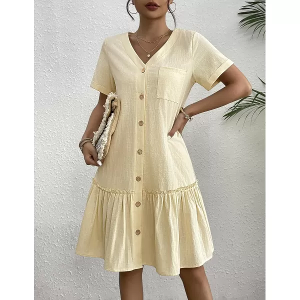 HOTOUCH Women Button Down Dress Loose Summer Cotton Linen Dress Ruffle Hem Casual Dress Short Sleeve Tunic DressBeige