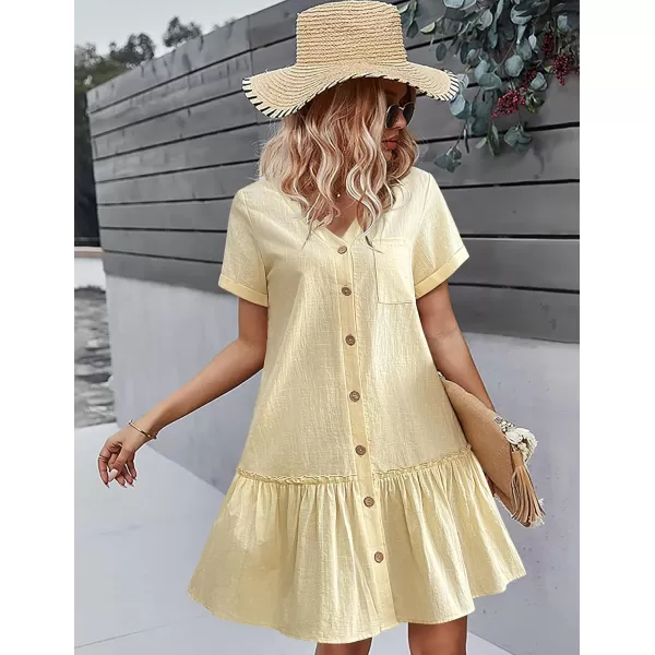 HOTOUCH Women Button Down Dress Loose Summer Cotton Linen Dress Ruffle Hem Casual Dress Short Sleeve Tunic DressBeige