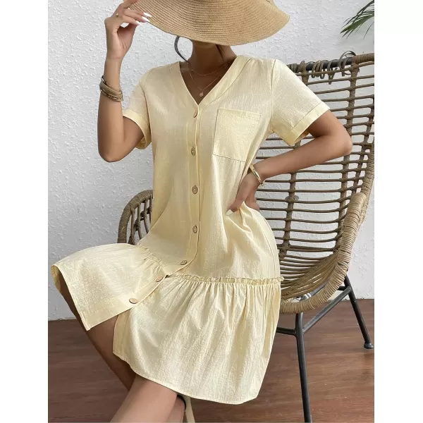 HOTOUCH Women Button Down Dress Loose Summer Cotton Linen Dress Ruffle Hem Casual Dress Short Sleeve Tunic DressBeige