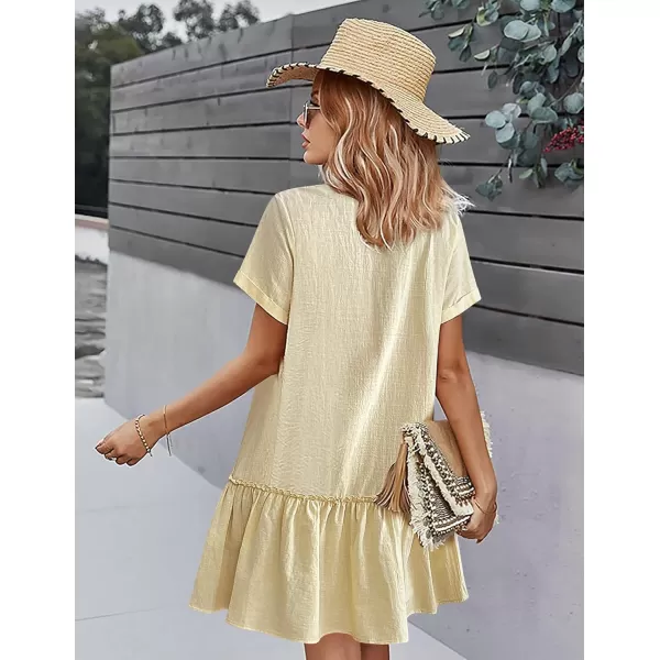 HOTOUCH Women Button Down Dress Loose Summer Cotton Linen Dress Ruffle Hem Casual Dress Short Sleeve Tunic DressBeige