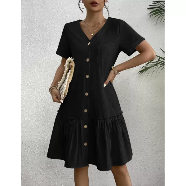 HOTOUCH Women Button Down Dress Loose Summer Cotton Linen Dress Ruffle Hem Casual Dress Short Sleeve Tunic DressBlack