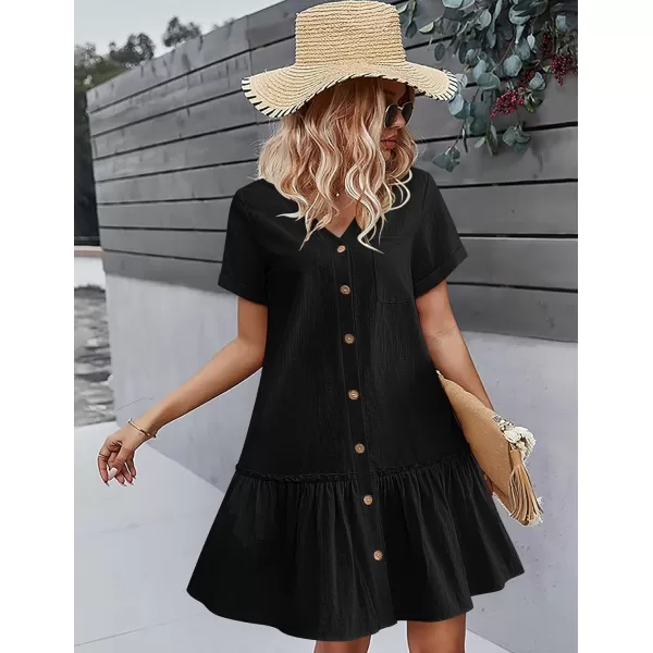 HOTOUCH Women Button Down Dress Loose Summer Cotton Linen Dress Ruffle Hem Casual Dress Short Sleeve Tunic DressBlack