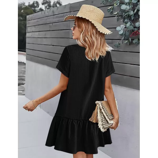 HOTOUCH Women Button Down Dress Loose Summer Cotton Linen Dress Ruffle Hem Casual Dress Short Sleeve Tunic DressBlack