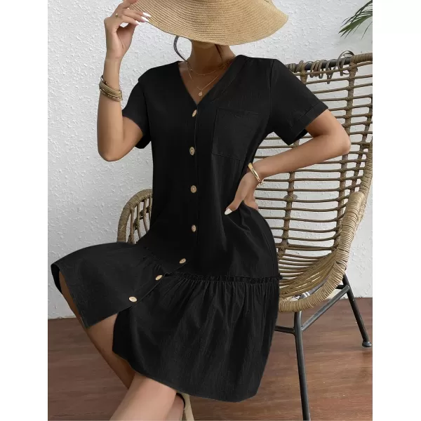 HOTOUCH Women Button Down Dress Loose Summer Cotton Linen Dress Ruffle Hem Casual Dress Short Sleeve Tunic DressBlack