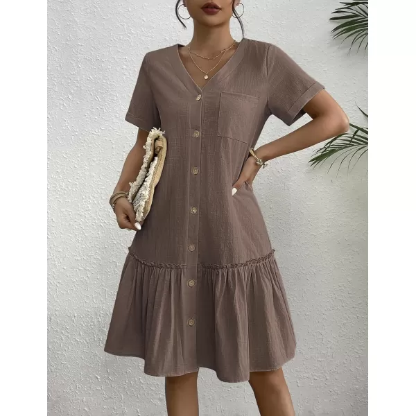 HOTOUCH Women Button Down Dress Loose Summer Cotton Linen Dress Ruffle Hem Casual Dress Short Sleeve Tunic DressBrown