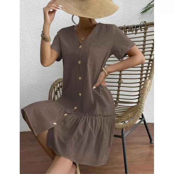 HOTOUCH Women Button Down Dress Loose Summer Cotton Linen Dress Ruffle Hem Casual Dress Short Sleeve Tunic DressBrown