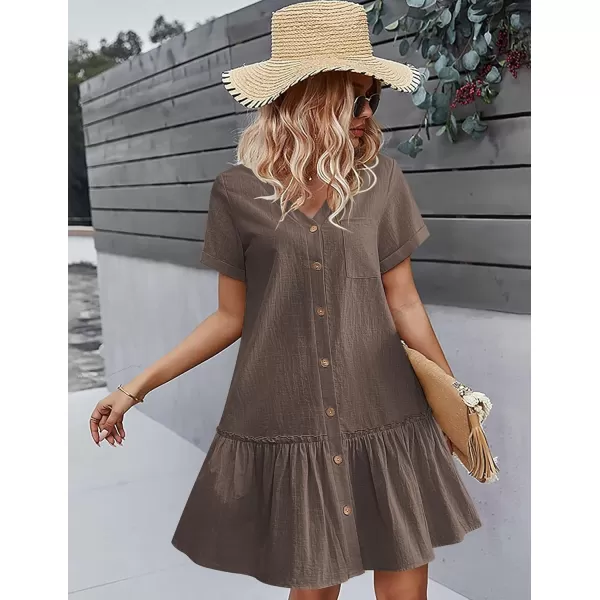 HOTOUCH Women Button Down Dress Loose Summer Cotton Linen Dress Ruffle Hem Casual Dress Short Sleeve Tunic DressBrown