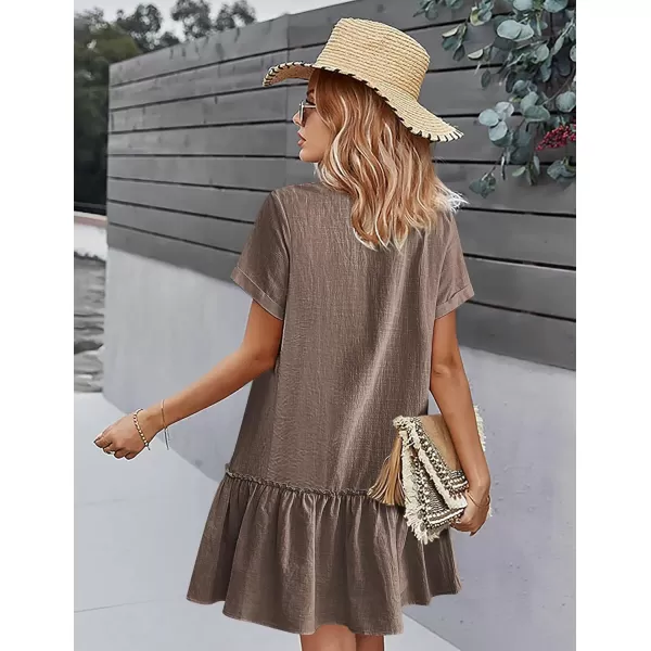 HOTOUCH Women Button Down Dress Loose Summer Cotton Linen Dress Ruffle Hem Casual Dress Short Sleeve Tunic DressBrown