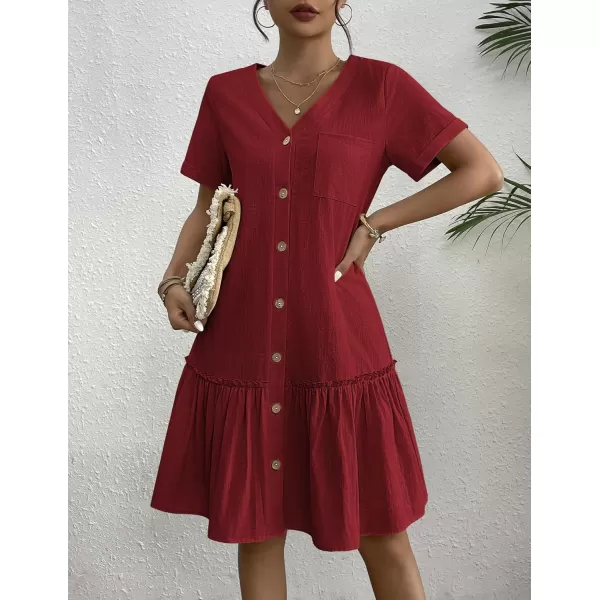 HOTOUCH Women Button Down Dress Loose Summer Cotton Linen Dress Ruffle Hem Casual Dress Short Sleeve Tunic DressBurgundy