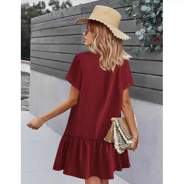 HOTOUCH Women Button Down Dress Loose Summer Cotton Linen Dress Ruffle Hem Casual Dress Short Sleeve Tunic DressBurgundy