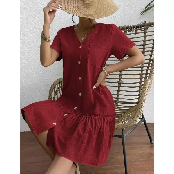 HOTOUCH Women Button Down Dress Loose Summer Cotton Linen Dress Ruffle Hem Casual Dress Short Sleeve Tunic DressBurgundy