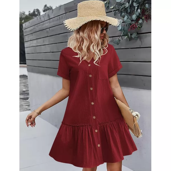 HOTOUCH Women Button Down Dress Loose Summer Cotton Linen Dress Ruffle Hem Casual Dress Short Sleeve Tunic DressBurgundy