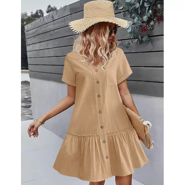 HOTOUCH Women Button Down Dress Loose Summer Cotton Linen Dress Ruffle Hem Casual Dress Short Sleeve Tunic DressCamel