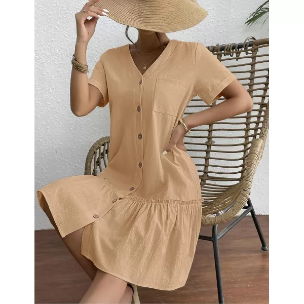 HOTOUCH Women Button Down Dress Loose Summer Cotton Linen Dress Ruffle Hem Casual Dress Short Sleeve Tunic DressCamel