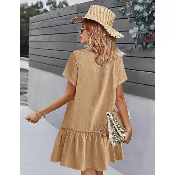 HOTOUCH Women Button Down Dress Loose Summer Cotton Linen Dress Ruffle Hem Casual Dress Short Sleeve Tunic DressCamel